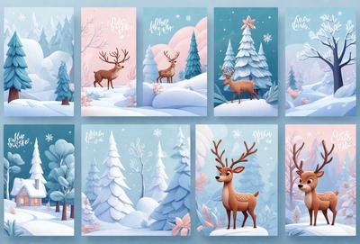 The primary subject of the image is a series of six different deer in various poses and settings. The deer are depicted in a colorful and whimsical style, with each deer having a unique appearance. The setting includes a snowy environment, with trees and a mountain in the background. The visual style is a combination of digital art and illustration, creating a lively and engaging scene. The colors and mood of the image are predominantly bright and cheerful, with the deer and their surround